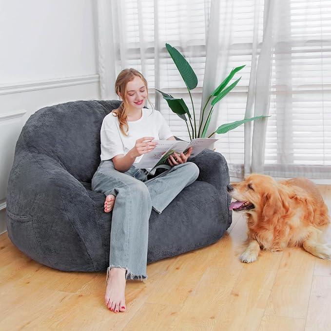 Giant Bean Bag Chair, Oversized Bean Bag Chairs for Adults and Kids, Gaming Chair Stuffed Memory Foam | Storage | Non-Slip, Removable Bean Bag Sofa Comfy Chair for Bedroom, Livingroom (Grey)