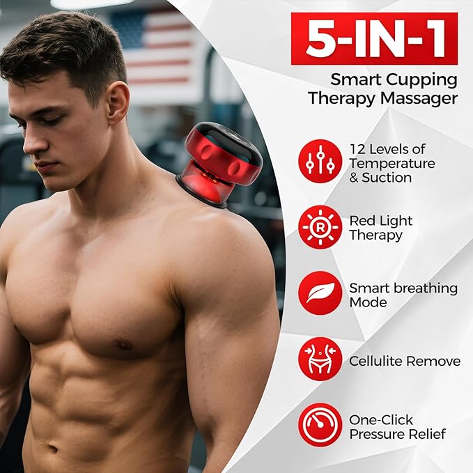 5-in-1 Smart Cupping Therapy Set 2pcs, 12-Level Temperature & Suction Control, Massage Cupping Kit for Targeted Pain Relief, Neck/Shoulder/Back Muscle Soreness & Blood Circulation Improvement