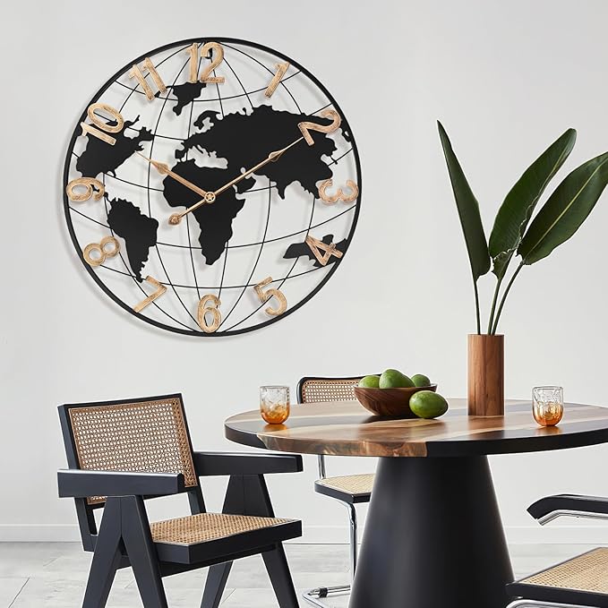 20 Inch Large Wall Clock for Living Room Decor,Big Modern Decorative Silent Metal World Map Wall Clock with Vintage Gold Arabic Numeral for Office,Living Room,Kitchen,Dining Room