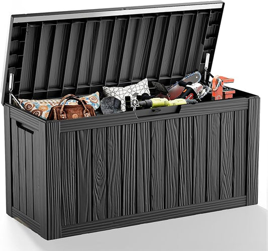 85 Gallon Deck Box Waterproof,Outdoor Storage Box Lockable for Patio Cushions,Garden Tools,Pool Accessories with Hydraulic Rod, UV-Resistant and Durable for Patio,Garden Use