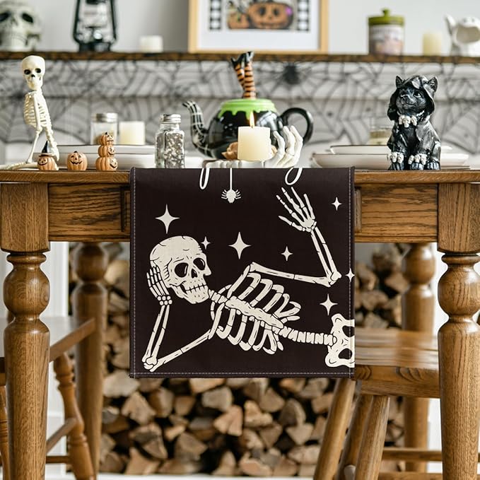 Artoid Mode Spooky Skeleton Spider Bone Halloween Table Runner, Holiday Kitchen Dining Table Decoration for Home Party Decor 13 x 72 Inch