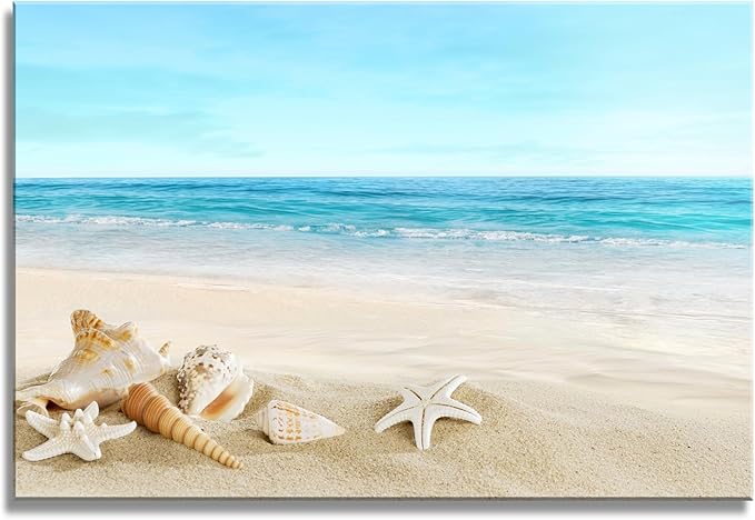 DZL Art S73981 Beach Picture Decor Ocean Painting Canvas Wall Art Prints of Starfish and Seashell on Sandy Seaside Ready to Hang for Living Room Bedroom Office Wall Decor Home Decoration