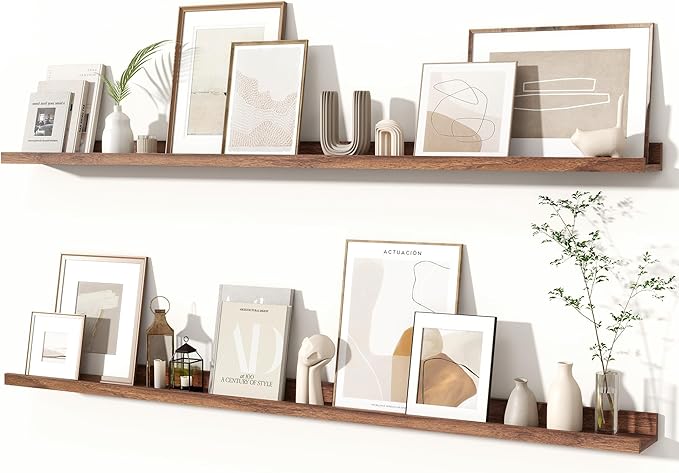 Fun Memories Picture Ledge Shelves Set of 2, 55 Inch Rustic Wall Mounted Floating Shelves with Lip for Home Storage and Décor in Bathroom, Kitchen, Nursery, Bedroom, Living Room, Walnut