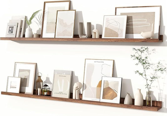 Fun Memories Picture Ledge Shelves Set of 2, 55 Inch Rustic Wall Mounted Floating Shelves with Lip for Home Storage and Décor in Bathroom, Kitchen, Nursery, Bedroom, Living Room, Walnut