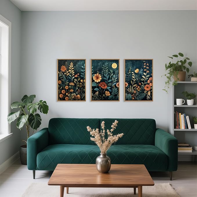 Celestdeco Vintage Dark Botanical Framed Canvas Wall Art Set, Colorful Floral Wall Decor, Nature Wildflower Wall Painting, Colorful Blossom Art Prints for Living Room, Bedroom, Office - 24"X36"X3