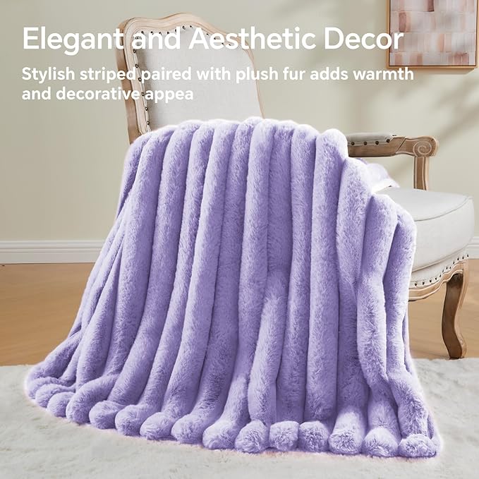 BEDELITE Faux Fur Throw Blanket for Couch, Soft and Cozy Luxurious 3D Striped Fluffy Blanket, 770GSM Thick Warm Plush Fuzzy Faux Rabbit Fur Blanket for Women Gift (Lavender, 50"x 60")