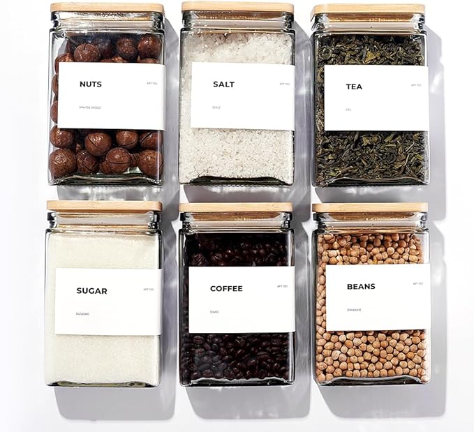 27 oz Glass Storage Jars with Bamboo Lid, set of 6, glass canisters with airtight lids, Clear jars with lids for Cookie, Candy, Tea, Coffee Bean and Rice (White)