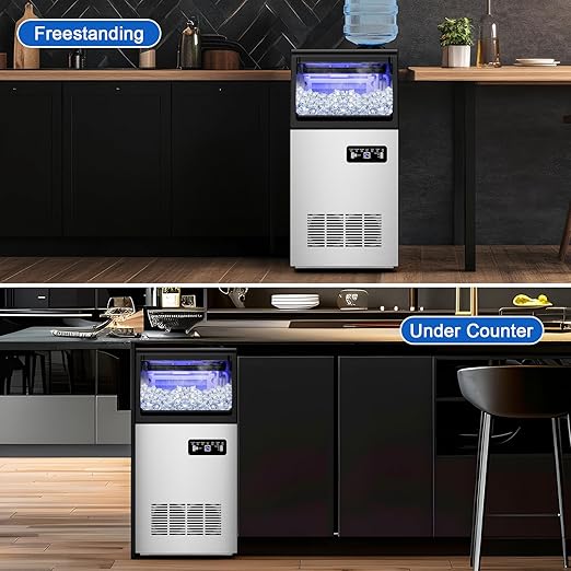 Commercial Ice Maker Machine 120 LBS/24H, 40 Ice Trays Freestanding & Undercounter Ice Machine Stainless Steel with 20 LBS Ice Storage Capacity, Ice Maker with Water Line and Filter, Dual Water Inlet