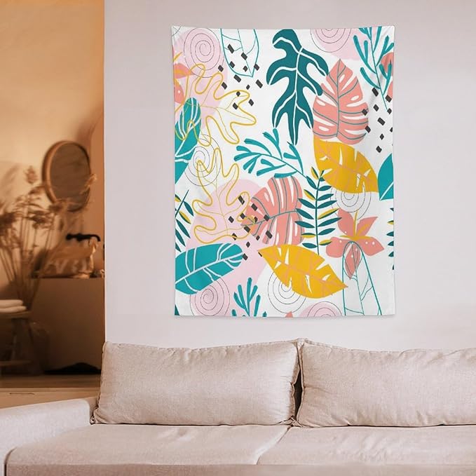 ICMOLYYENLO Tropical Green Leaves Tapestry, Exotic Leaves Beautiful Bedroom Wall Hanging, Floral Poster Blanket for Bedroom Living Room Dormitory Apartment 60x60 Inch