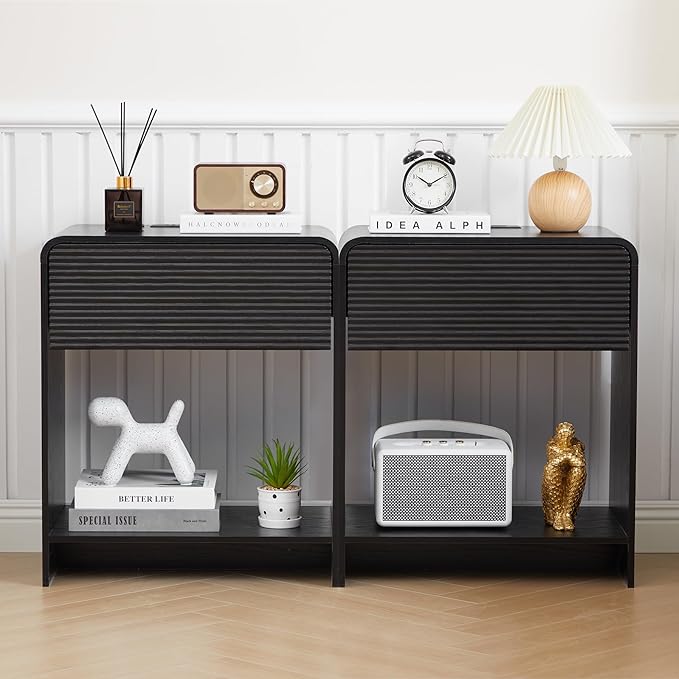 Fluted Nightstand Set of 2 with Charging Station, Modern Bed Side Table End Table with Drawer Storage, Large Wooden Night Stands Bedside for Bedroom Living Room Sofa Office, Black 2 Sets