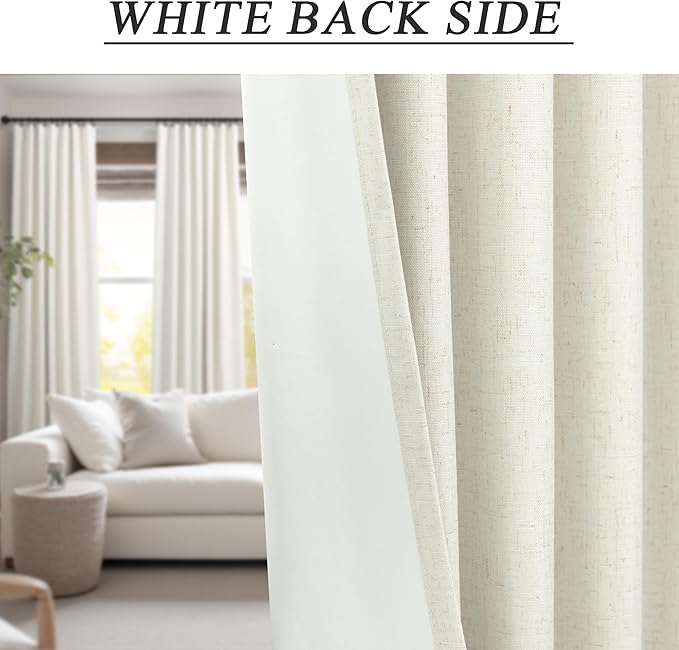 Natural Linen Blackout Curtains 84 Inch Length 2 Panels for Bedroom Living Room Darkening 100% Black Out Ivory Cream Curtain with White Back Tab Modern Farmhouse Thermal Insulated Boho Drapes 7ft Long