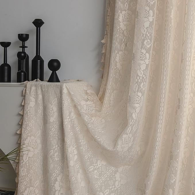 Sutuo Home Beige Boho Curtains for Bedroom Kid's Room,Bohemian Crochet Floral Embroidery Sheer Lace Curtains With Tassels Vintage Rustic Window Treatment Country Drape Rod Pocket 1 Panel 59" W x 90" L