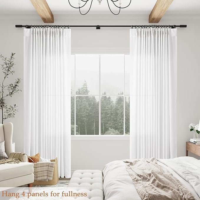 FMFUNCTEX Pinch Pleated Curtains 84 Inches Long for Living Room, White Semi Sheer Faux Linen Textured Pleat Drapes for Bedroom with Hooks, Light Filtering Neutral Farmhouse Window Drapes 2 Panels