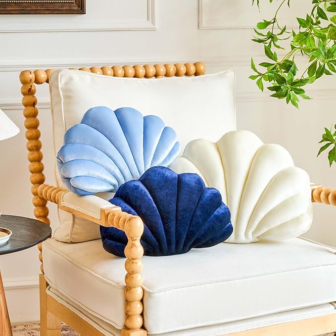 Dusty Blue Seashell Throw Pillows, Shell Shaped Throw Pillows, 18 Inch Soft Velvet Home Decorative Pillow Plush Cushion for Bed Couch Living Sofa Room Decor Accent Throw Pillow