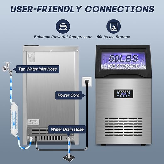 Commercial Ice Maker Machine 150LBS/24H with 50LBS Storage Bin, Stainless Steel Undercounter/Freestanding Ice Maker Machine for Home Bar Outdoor, 55PCS Ice Cubes Ice Machine, Self Cleaning