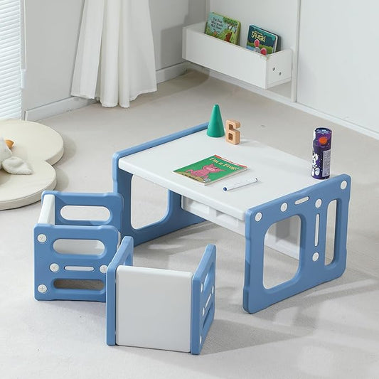3 in 1 Montessori Weaning Table and 2 Chairs Set, Kids Activity Table Set, 2 Height Levels, Toddlers Activity Table for Drawing, Dining, Reading and Playing, Blue