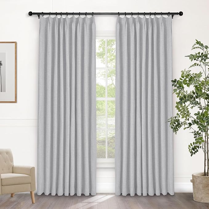 Macochico Silver Grey 100% Blackout Linen Curtains 96 Inches Long Pinch Pleated Curtains for Bedroom Living Room Nursery Farmhouse Insulated Sound Reducing Drapery with Tieback 84”Wx96”L 1 Panel