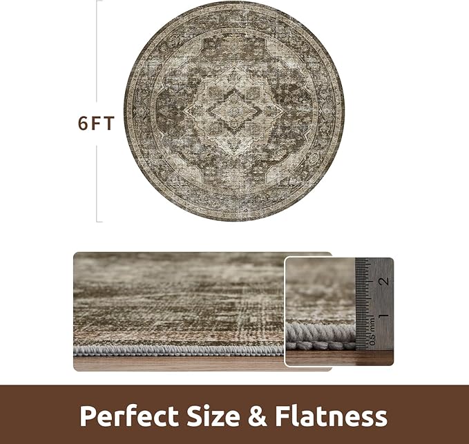 AMOAMI 6FT Round Rug - Vintage Soft Coffee & Brown Rugs for Living Room, Bedroom, Dining Room, Office - Non Slip, Machine Washable