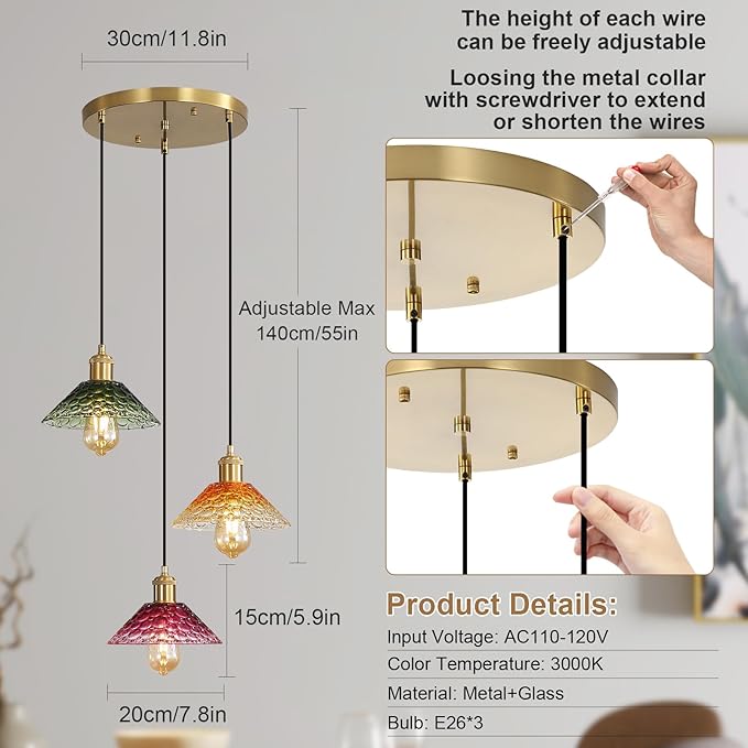 Glass Ceiling Chandelier,3-Light Colorful Hanging Pendant Light,Mid Century Modern Glass Pendant Light Fixture for Dining Room, Hallway, Living Room,Farmhouse,Kitchen Island