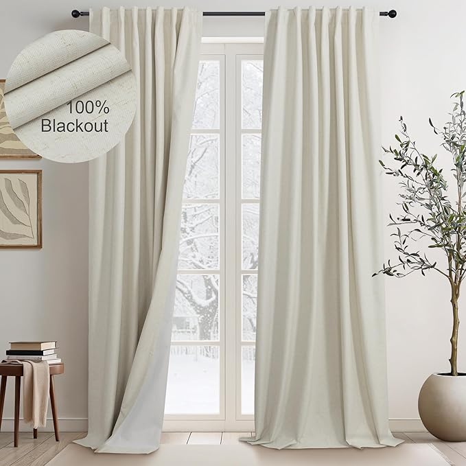 Flax Linen Curtains for Living Room 2 Panels Set 105 Inches Long Beige Thick Burlap Decorative Light Weight Blackout Curtains Soundproof Drapes Noise Cancelling Back Tab/Rod Pocket W52 x L105 Length