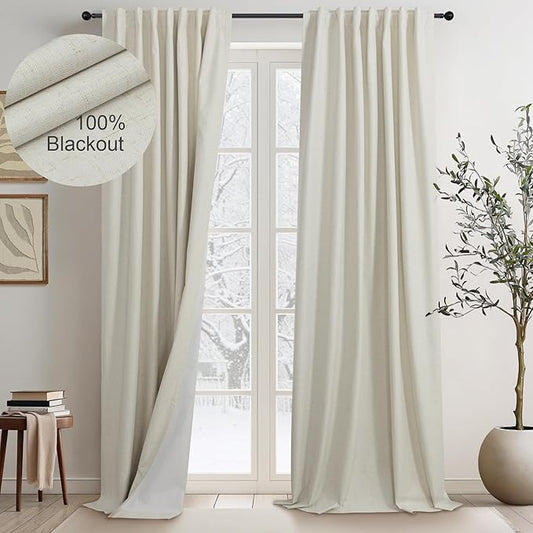 DANCURTON Extra Long Blackout Curtains for 12 Foot High Living Room Bedroom Large Window Back Tab Flax Linen Drapes 144 Inch Length 2 Panels Set Noise Reducing Thermal Insulated Winter Curtains Beige