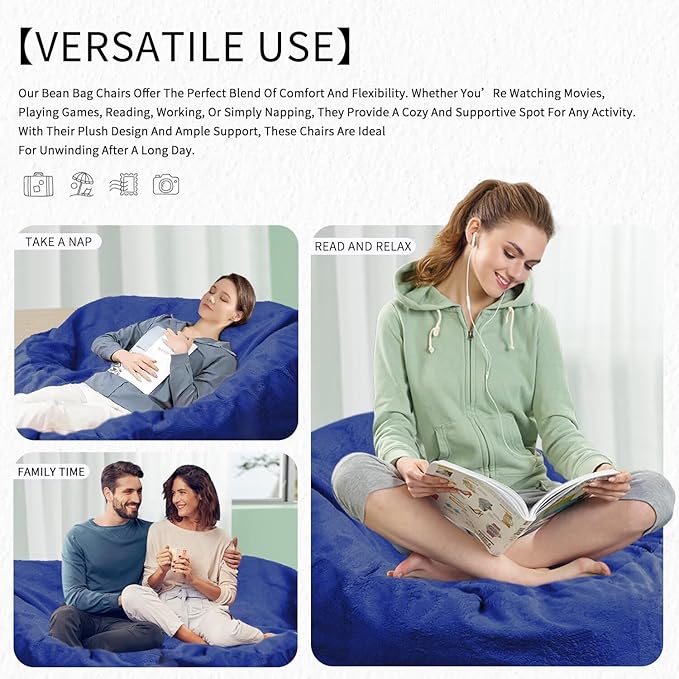 Bean Bag Chair for Adults 5FT,Soft Removable Cover for Teens/Girls Bedroom,Fluffy Giant Round Floor Beanbag Lounger Chairs (No Filler,Sapphire)