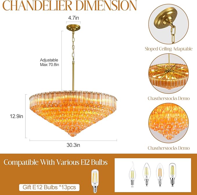 30" Modern Dining Room Chandeliers, 13-Light Amber Crystal Chandeliers, Dimmable Blown Glass Chandelier for Living Room, Round Glod Large Chandelier for High Ceiling, Bedroom, Entryway, Staircase
