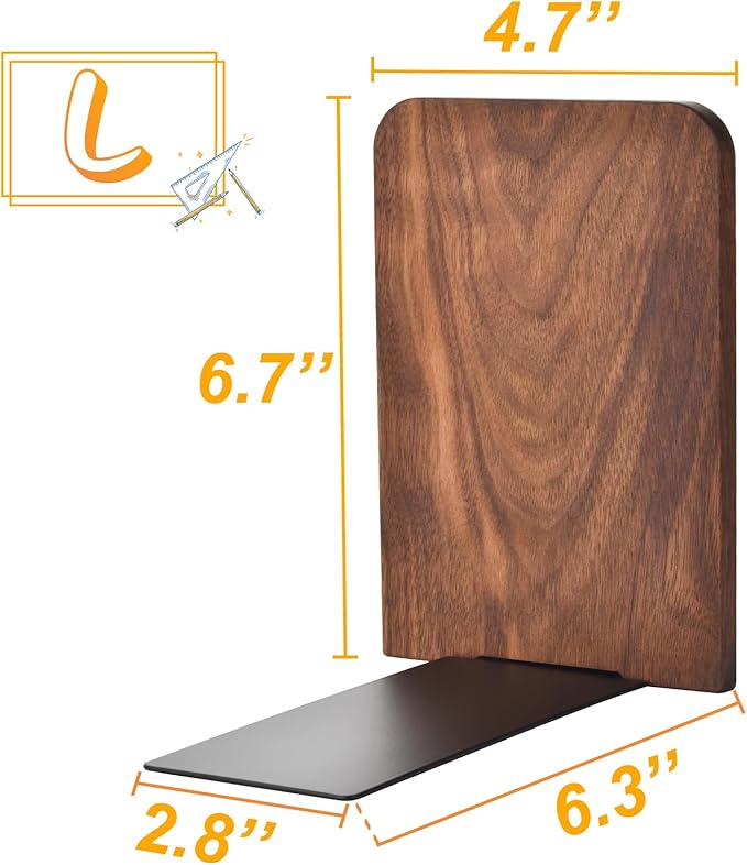 Book Ends, Black Walnut Wooden Bookends for Shelves - Heavy Duty Non-Slip Book Organizers, Upgraded Large Decorative Bookend Holders for Home, Kitchen, Office, Set of 2, Large