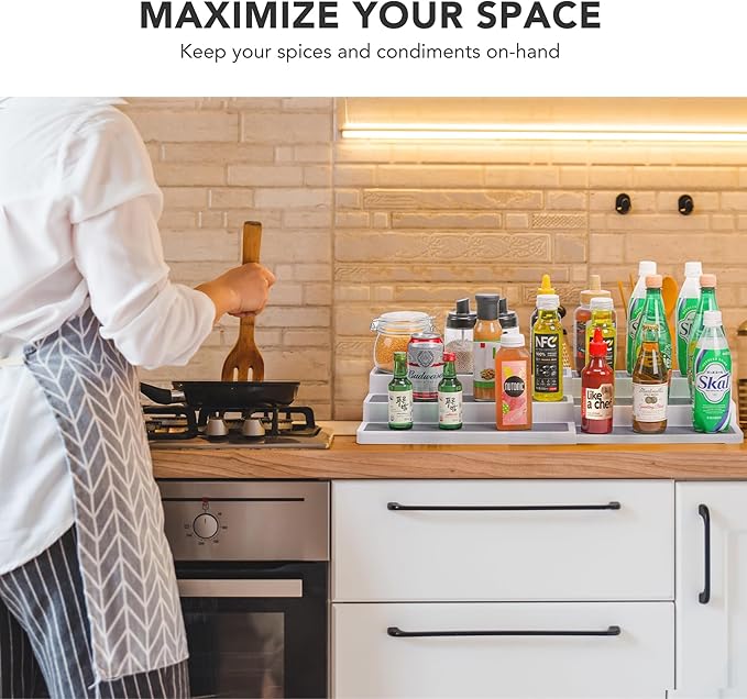 3 Tier Expandable Spice Rack Organizer, Plastic Spice Rack, Adjustable Length 14.6In-25.8In, Non-Skid Tiered Spice Shelf Organizer for Kitchen Cabinet, Cupboard, Pantry, White/Grey