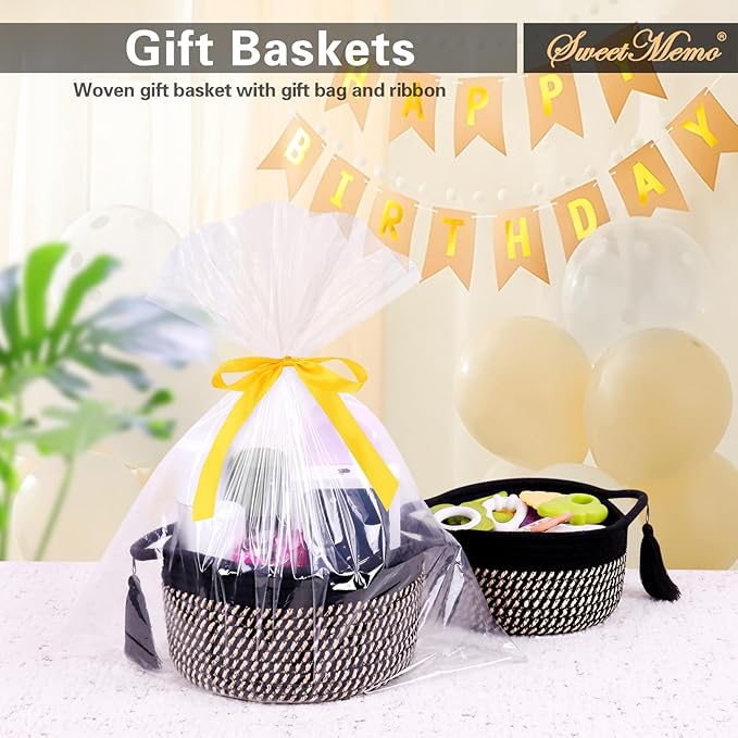 Decorative Small Gift Basket Empty – SweetMemo Cute Woven Rope Organizer Baskets for Desk, Bedside, Bathroom, Key, Round Boho Decor Cotton Bin with tassel, Gift Bag, Ribbon – Rustic Black Brown