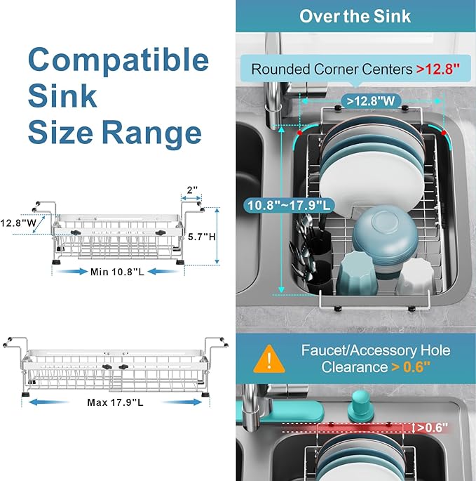 GSlife in Sink Dish Drying Rack - Stainless Steel Capacity Expandable Over The Sink Dish Drainer with Lock Knob and Utensil Holder for Kitchen Sink, 10.8"-17.9" L x 12.8" W, Silver