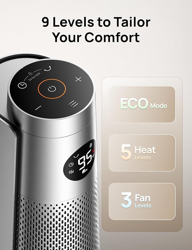 Dreo Space Heater Indoor, 30" Electric Heaters with Remote, 120° Oscillation, Adjustable Thermostat, 5 Heat & 3 Fan levels, 8 Safety Protections, 25dB Quiet, 1-12H Timer, Large Room Bedroom, Silver