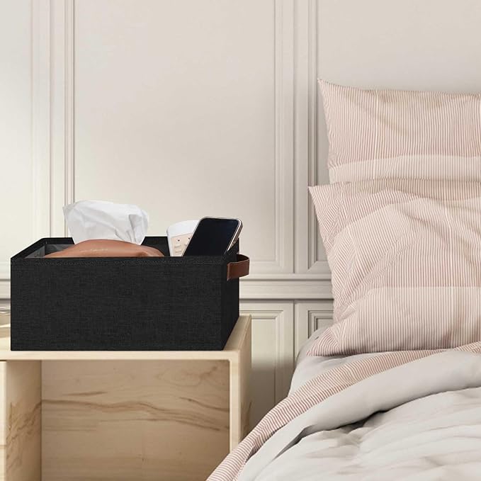 GhvyenntteS Small Fabric Storage Bins 6 Pack, 11.8" x 7.87" x 5.11" Storage Basket with Leather Handles, Closet Storage Bins for Shelves, Storage Baskets for Shelves, DVD Storage (Black)