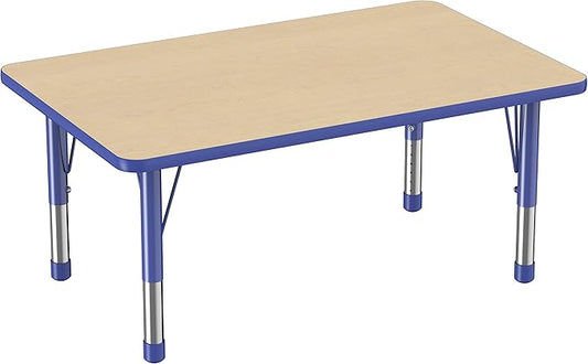 FDP Rectangle Activity School and Classroom Kids Table (30 x 48 inch), Chunky Toddler Legs, Adjustable Height 15-24 inches - Maple Top and Blue Edge