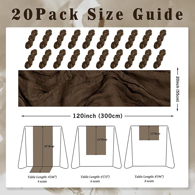6FT 20 Pack Brown Cheesecloth Table Runner 20 x 120 Inch Long Boho Fabric Rustic Cheese Cloth Table Runner for Wedding Bridal Shower Baby Shower Gauze Sheer Birthday Party Table Decorations