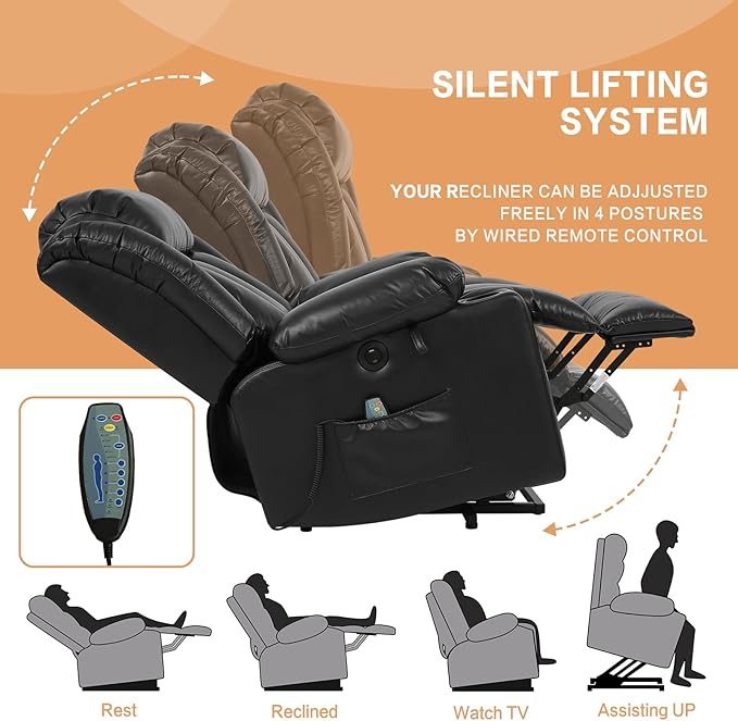 PARKOL Power Lift Recliner Chair for Elderly Breathable Leather Recliner Chair with Massage and Heat,2 Cup Holders,Electric Stand Assist,USB Ports,Gifts for Family (Black)