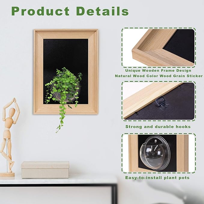 Natural Wooden Frame Wall Hanging Planter for Hydroponic Plants, 12'' x16''inch Wall Vase with Round Acrylic Propagation Station，Bathroom, Office, or Living Room Décor, Set of 3