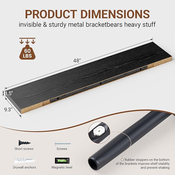 Heimlove Floating Shelves for Wall 48 Inches Long,9.3" Deep Black Floating Shelf Set of 2,Wall Mounted Wood Shelves for Bathroom Bedroom Living Room Kitchen Office,Shelf for Books Storage Room Decor