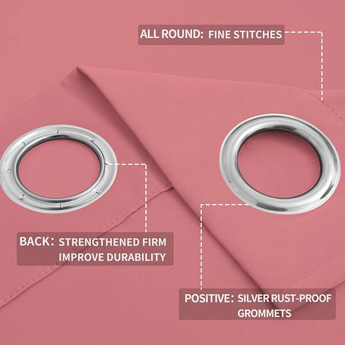 Easy-Going Blackout Curtains for Bedroom, Solid Thermal Insulated Grommet and Noise Reduction Window Drapes, Room Darkening Curtains for Living Room, 2 Panels (52x46 in,Pink)