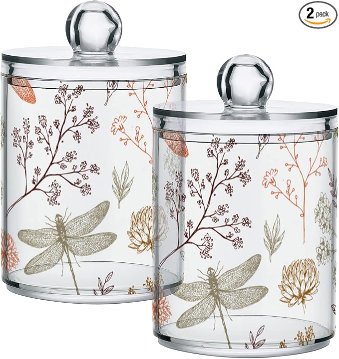 2 Pack Qtip Holder Organizer Dispenser Dragonfly Pattern Bathroom Storage Canister Cotton Ball Holder Container for Cotton Swabs/Pads/Floss
