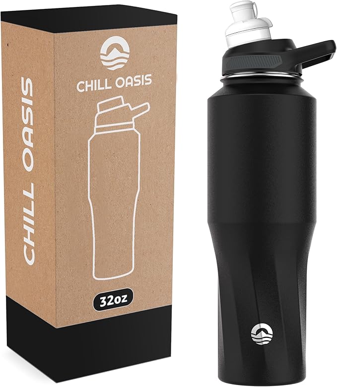 Chill Oasis Water Bottle | Compatible With Popular Flavor Cartridges | BPA Free, Leak Proof, Double-Walled Vacuum Insulated Stainless Steel, and Dishwasher Safe | Cold for 24 Hours (Black, 32oz)