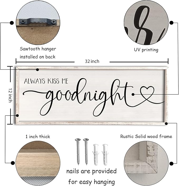 flowtorely Always Kiss Me Goodnight Wall Sign For Master Bedroom Above Bed Wall Decor 32''×12'' Large Rustic Solid Wood Frame For Farmhouse Couples Above bed Wall Art Decoration (White)