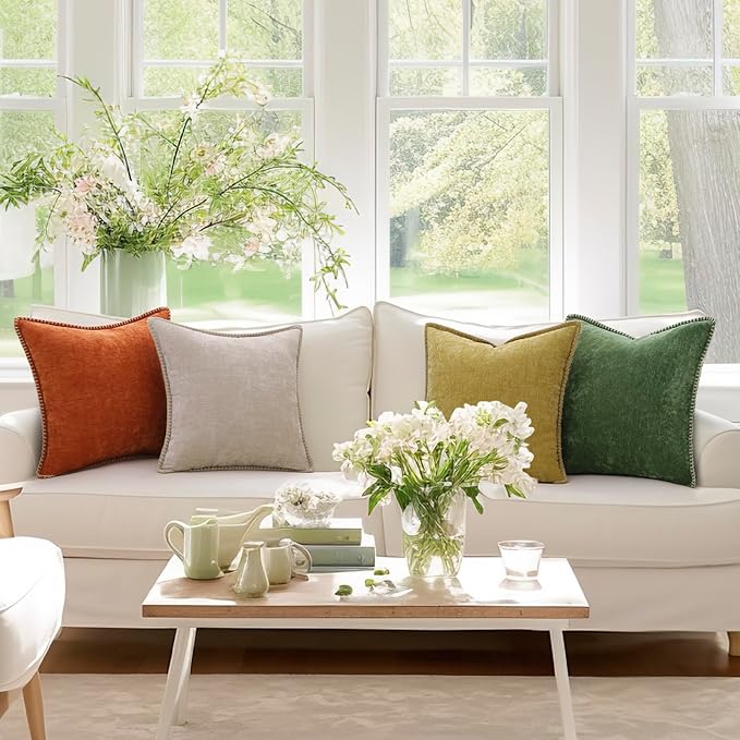 decorUhome Chenille Soft Throw Pillow Covers 22x22 Set of 2, Farmhouse Velvet Neutral Decorative Euro Pillow Covers with Stitched Edge for Couch Sofa Bed Home Decor, Mineral Yellow