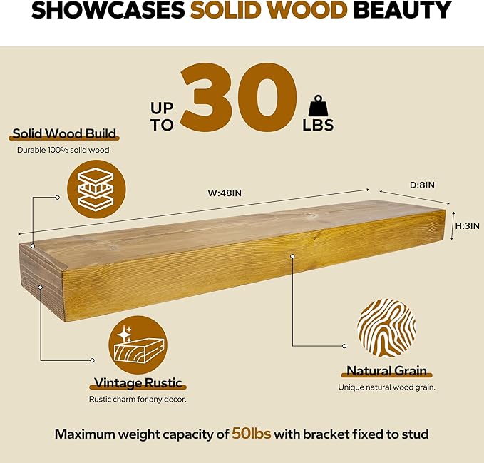Floating Shelves 3 inch Thick for Wall Set of 2,Solid Pine Wood Wall Mount Shelf for Kitchen Living Room Bedroom Bathroom,8" D x 48" L x 3" H-Gold Oak