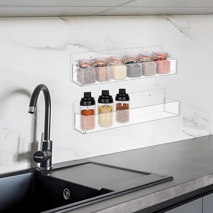Acrylic Spice Rack Wall Mount-12 Inch, Clear Spice Shelf Storage Holder, 2 Pack Hanging Seasoning Rack Organizer for Cabinet Door, Cupboard or Wall Kitchen (Adhesive or Screw)