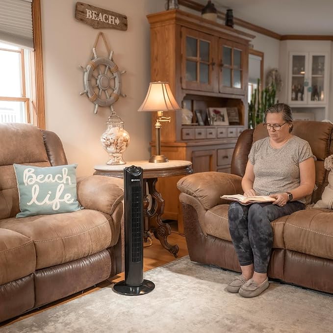 Comfort Zone 32-Inch Bladeless Tower Fan with 3 Speeds, 90° Oscillation, Portable Indoor Stand Fan with Built-In Carry Handle – Quiet Cooling for Bedroom, Black