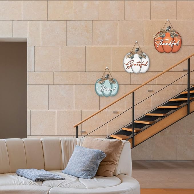 3 Pieces Pumpkin Decor Grateful Thankful Blessed Wall Signs,Rustic Hanging Welcome Door Sign for Autumn Harvest Thanksgiving Halloween Door Wall Decoration Indoor Outdoor Fall Decor for Home