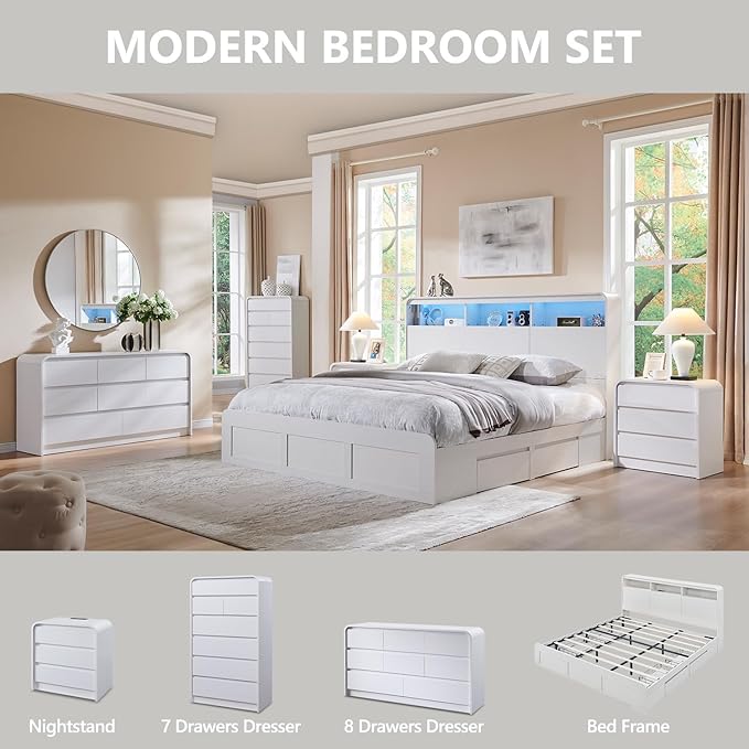 25" Tall Modern Nightstand Set of 2, 23.6" Wide Wood Bedside Table with Charging Station, 3 Storage Drawers Side Table w/Curved Profile Design, End Table for Bedroom, White