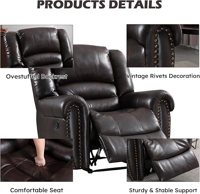 CANMOV Leather Recliner Chair Set of 2, Classic and Traditional Manual Recliner Chair with Comfortable Arms and Back,Manual Single Recliner Sofa for Living Room, Dark Brown