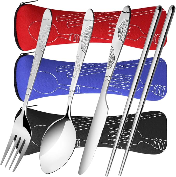 3 Pack Reusable Flatware Sets Knife, Fork, Spoon, Chopsticks, 12Pcs Portable Travel Stainless Steel Tableware Dinnerware with Carrying Case